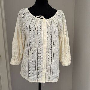 Joie White Eyelet Peasant Milk Maid Blouse M Puff Sleeves Drawstring Button Up